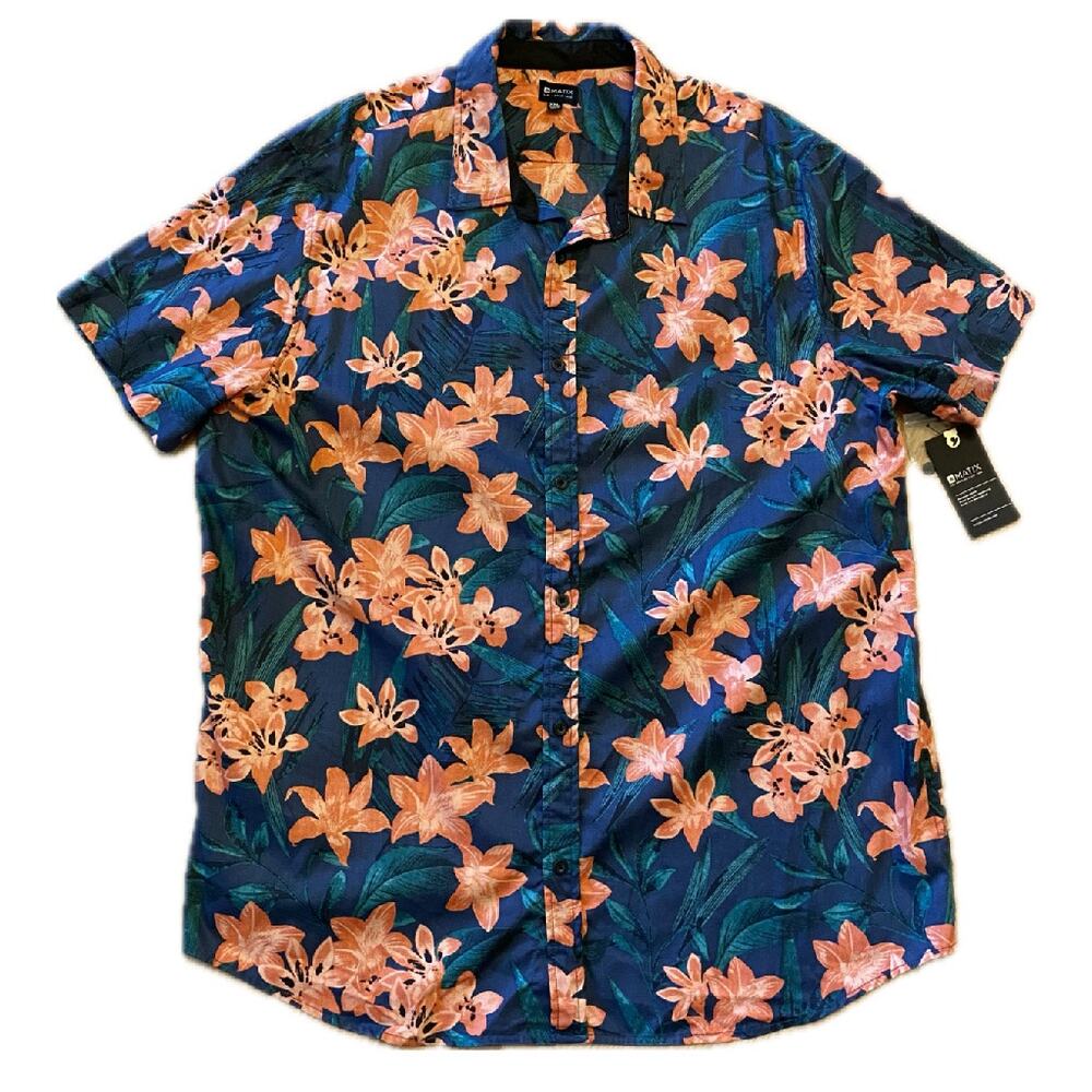 NWT Dark Blue & Orange Hibiscus Print Button Down Shirt (XXL)